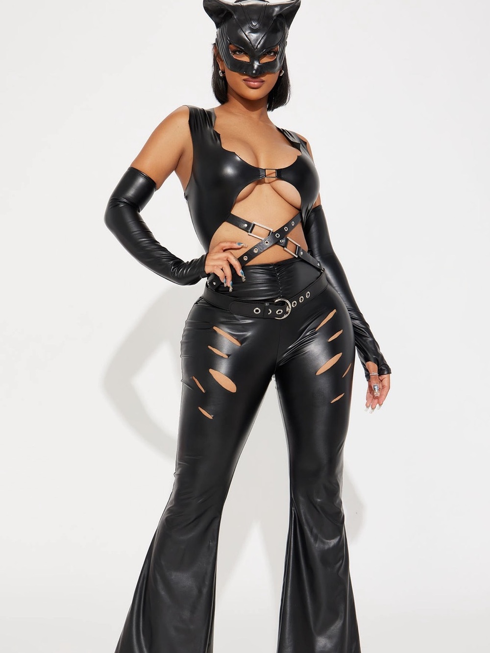 Fashion Nova Black Faux Leather Cutout Jumpsuit with Masked Styling
